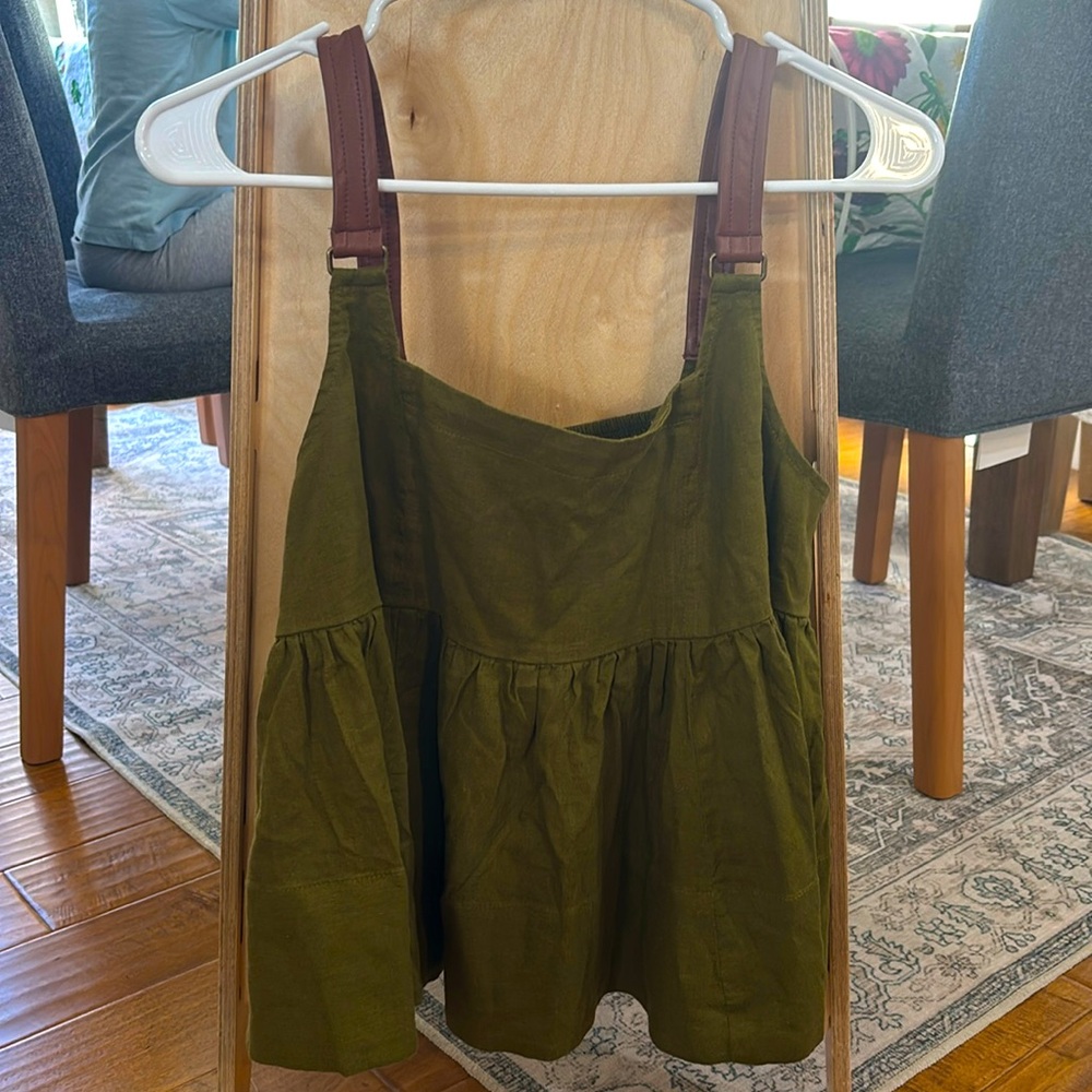 Anthropologie faux leather strap moss linen blend tank S NWT - Picture 2 of 5